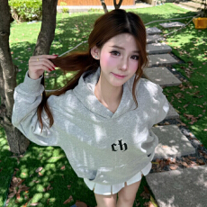 批发韩系慵懒风字母印花灰色连帽卫衣女秋冬新款宽松显瘦百搭小众上衣