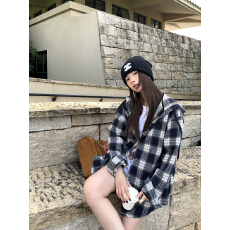 批发设计感休闲连帽格子衬衫毛呢外套女秋冬季慵懒宽松长袖衬衣