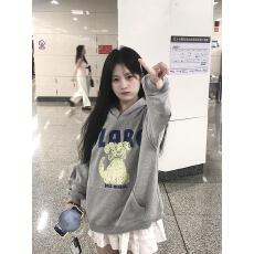 批发美式复古小狗印花撞色连帽卫衣<b class='q'>女</b>秋冬宽松潮牌休闲套头情侣装外套