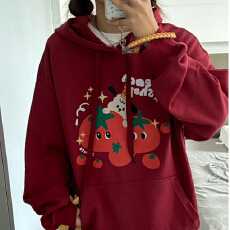批发卡通番茄小狗酒红色连帽卫衣<b class='q'>女</b>秋冬2026<b class='q'>新款</b>百搭薄款<b class='q'>外套</b>