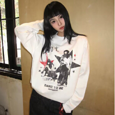批发2026秋季Vintage复古美式短宽印花长袖T恤女款纯棉上衣内搭打底