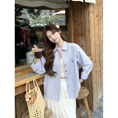批发设计感彩色小马刺绣蓝条纹<b class='q'>衬衫</b>女装长袖2026别致翻领上衣