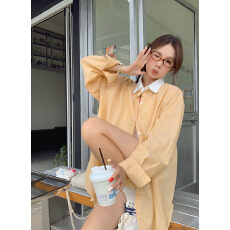 批发韩系撞色翻领条纹长袖<b class='q'>衬衫</b>女2026秋季百搭时尚休闲上衣外套