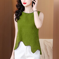 批发钉珠珍珠领香云纱背心100%桑蚕丝<b class='q'>不规则</b>下摆真丝无袖T恤