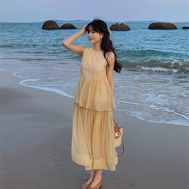 프랑스식 Chic 페이크 레이어드 민소매 드레스 여름 여성 슈퍼 요정 센 부서 공주 바람 우유 달콤한 치마 부드러운 허리 수축