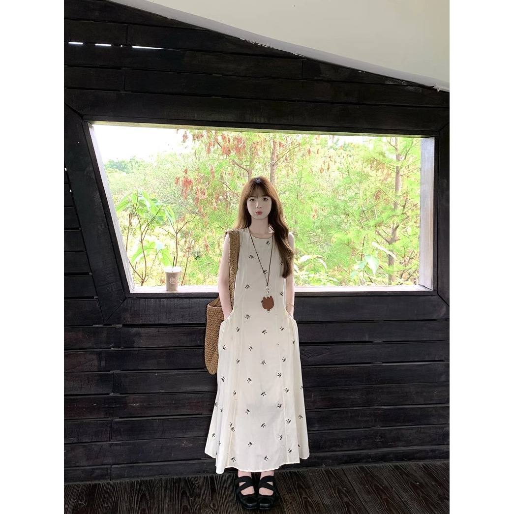 한 부서 새로운 달콤한 스타일 나비 매듭 조끼 원피스 여성 의류 여름 작은 대중 연령 감소 루즈핏 A라인 스커트 롱 스커트