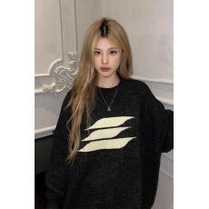 批发日系简约慵懒风复古圆领黑色套头毛衣女秋冬季针织衫宽松长袖上衣