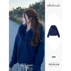 批发蓝色毛领拉链针织开衫女高级感慵懒风秋冬加厚毛线衣<b class='q'>短</b>外套