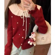 批发<b class='q'>韩版</b>娃娃领系带毛衣开衫外套女2025冬季新款慵懒宽松小香风针织衫