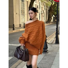 批发气质轻熟风可斜肩针织套装女冬季新款绞花<b class='q'>蝙蝠衫</b>毛衣半身裙两件