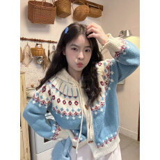 批发<b class='q'>韩版</b>费尔岛连帽抽绳撞色提花毛衣外套女春秋冬加厚休闲<b class='q'>针织衫</b>开衫