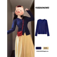 批发学院风蓝色V领长袖针织开衫女2026早春修身显瘦上衣<b class='q'>黄色</b>裙套装