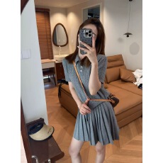 批发学院风撞色条纹POLO领针织衫秋短袖T恤上衣百褶半身裙两件套装