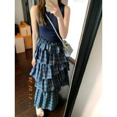 批发法式<b class='q'>复古</b>蓝色格纹拼接无袖背心连衣裙设计感小众漂亮独特收腰<b class='q'>长裙</b>