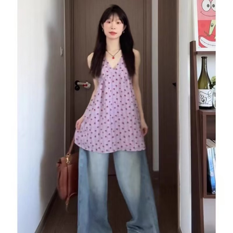 프랑스식 순수한 욕망 바람 행침 목 백리스 슬립 꽃무늬 인기 폭발 해변가 휴가 루즈핏 맨위