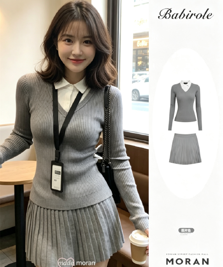 한 부서 천 골드 학원 스타일 페이크 레이어드 니트 스웨터 맨위 한 마디 반신 스커트 여성 가을 겨울 착용 가져 가라. 작은 키 세트