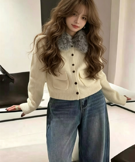 한 부서 탈착식 모피 칼라 니트 오픈 가디건 여성 가을 겨울 세련된 주머니 디자인 스웨터