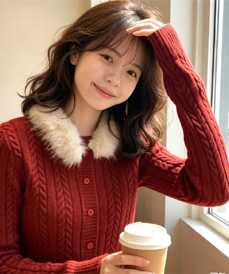한 부서 미니멀리즘 빨간색 품격 다용도 슬림해 보이는 니트 스웨터 탈착식 모피 칼라 꽈배기 보온 스웨터 여자