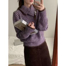韩系复古条纹撞色翻领毛衣男女冬季高级感小众加厚软糯针织衫上衣