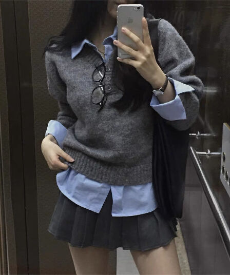 한국 chic 이른 봄 페이크 레이어드 POLO 칼라 학원 스타일 연령 감소 스웨터 한 부서 루즈핏 느긋한 니트 스웨터 맨위