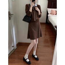 批发美拉德穿搭一整套高级感复古咖色针织上衣波点半裙两件套装2026秋