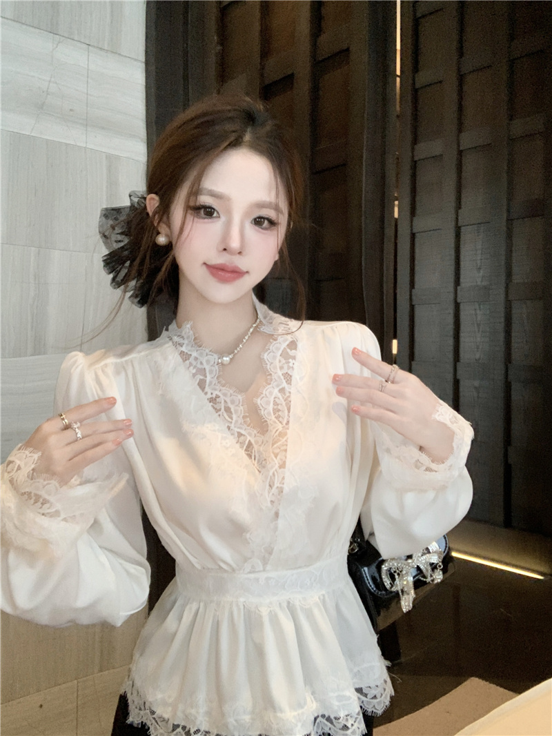 MY11645# 美杜莎 温柔甜欲衬衣 重工系带海军领蕾丝收腰衬衣女女裝貨源服裝批發