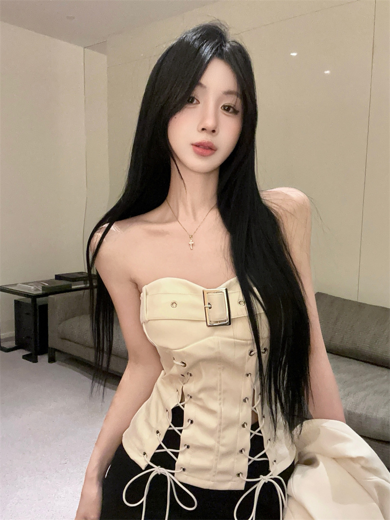 MY13679# 纯欲性感辣妹绑带开叉收腰抹胸背心PU皮系带裹胸上衣女女裝貨源服裝批發