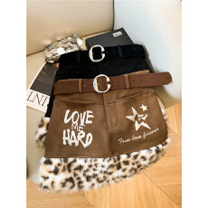 批发实价实拍~美式辣妹豹纹毛毛拼接低腰<b class='q'>半身裙</b>女秋冬千禧风包臀裙女