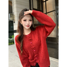 批发实价实拍~蝴蝶结毛衣秋冬2025年新款<b class='q'>甜美</b>超好看洋气亮丝麻花开衫