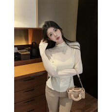 批发实价实拍~木耳边洋气<b class='q'>打底衫</b>女内搭2025新款满钻半高领长袖t恤小衫