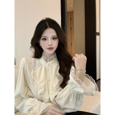 批发实价实拍~小香风荷叶边丝绒衬衫女秋冬立领打底衫内搭宫廷<b class='q'>泡泡袖</b>