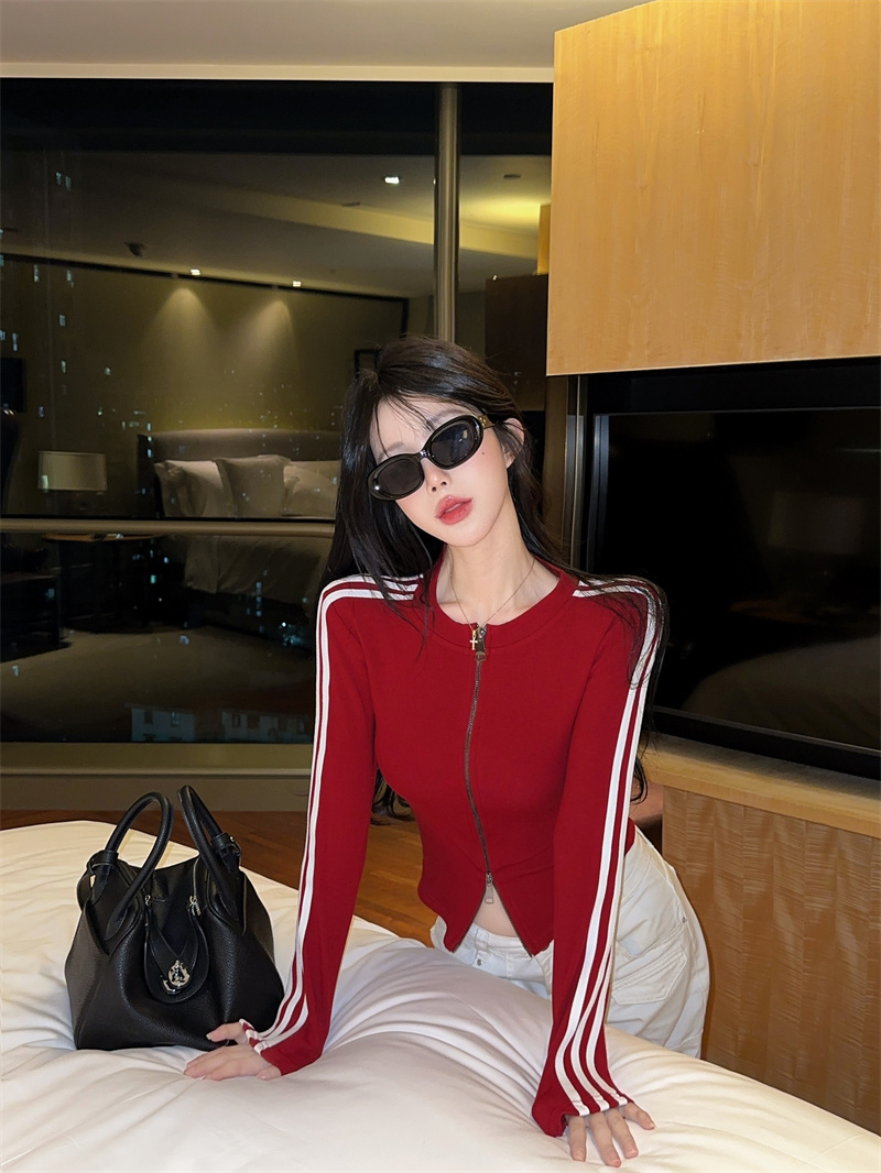 MY16783# 撞色条纹拉链立领长袖t恤新款休闲短款磨毛修身外套女裝貨源...