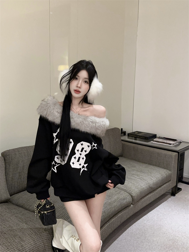 정가 실사 아메리칸 레트로 핫걸 디자인 센스 모피 칼라 비스듬한 어깨 후드티 겨울 루즈핏 느긋한 쇼트 스타일 맨위