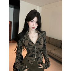 批发实价实拍~纯欲辣妹迷彩双拉链开衫<b class='q'>短外套</b>工装洋气修身打底衫上衣