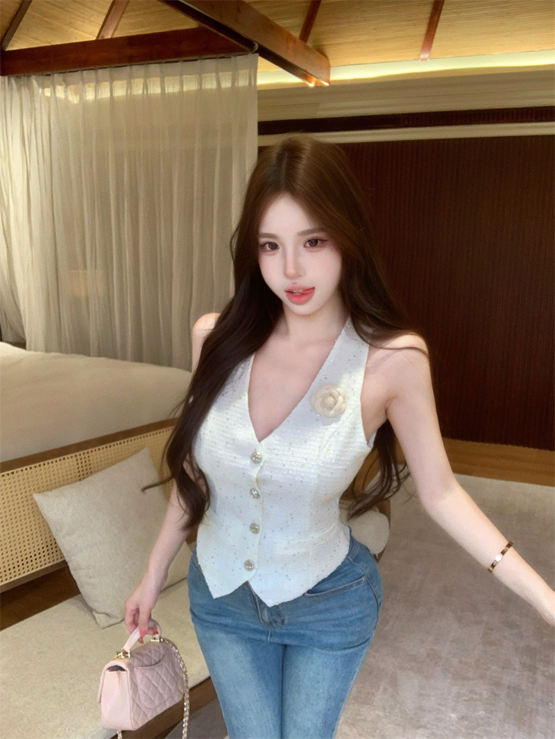 정가 실사 프랑스식 작은 샤넬 스타일 조끼 여자 봄 여름 외출용 V넥 민소매 조끼 디자인 센스 허리 수축 맨위 여성