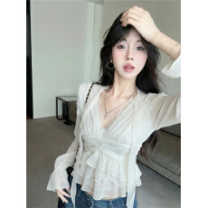 批发实价实拍~法式蕾丝拼接V领长袖衬衫夏季薄款<b class='q'>雪纺衫</b>荷叶边收腰上衣
