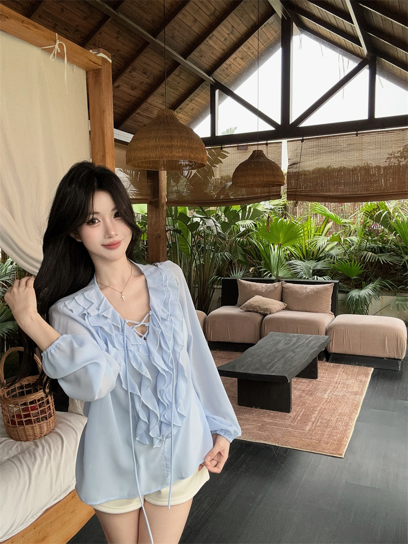 RY2004# 实价实拍~夏季氛围感海水蓝荷叶边衬衣上衣法式高级感长袖V领...