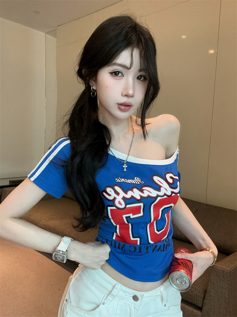 RY2001# 实价实拍~美式复古印花短袖T恤性感辣妹修身斜肩露肩收腰洋气...