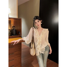 批发实价实拍~2026夏季新款法式蕾丝边拼接荷叶边V领<b class='q'>长袖</b>衬衫女<b class='q'>防晒衫</b>