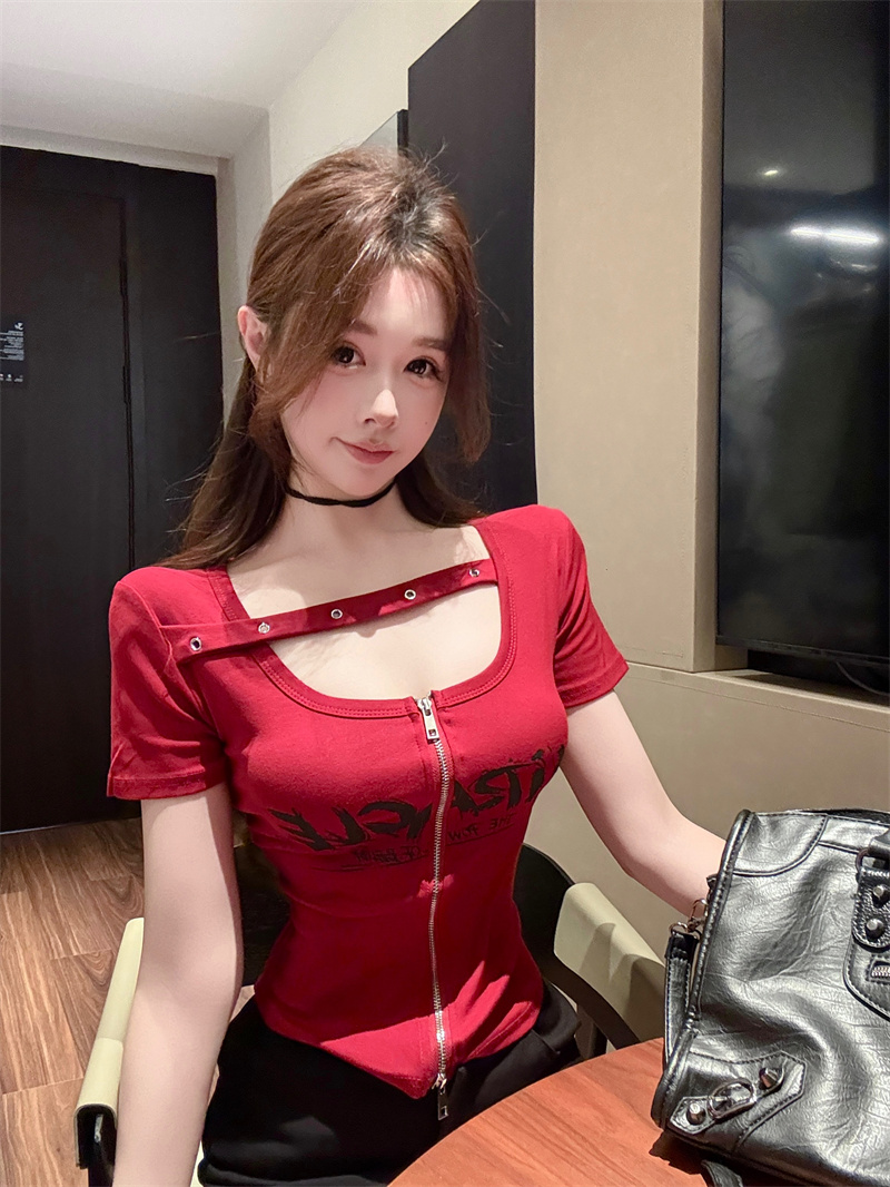 RY1995# 实价实拍~纯欲辣妹风短袖t恤女夏季亚比风斜肩带修身性感短款上衣