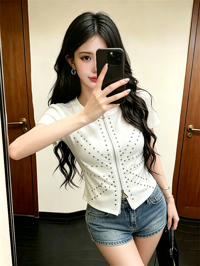 RY4843# 实价实拍~美式复古铆钉设计感修身小个子收腰双拉链百搭潮流上...