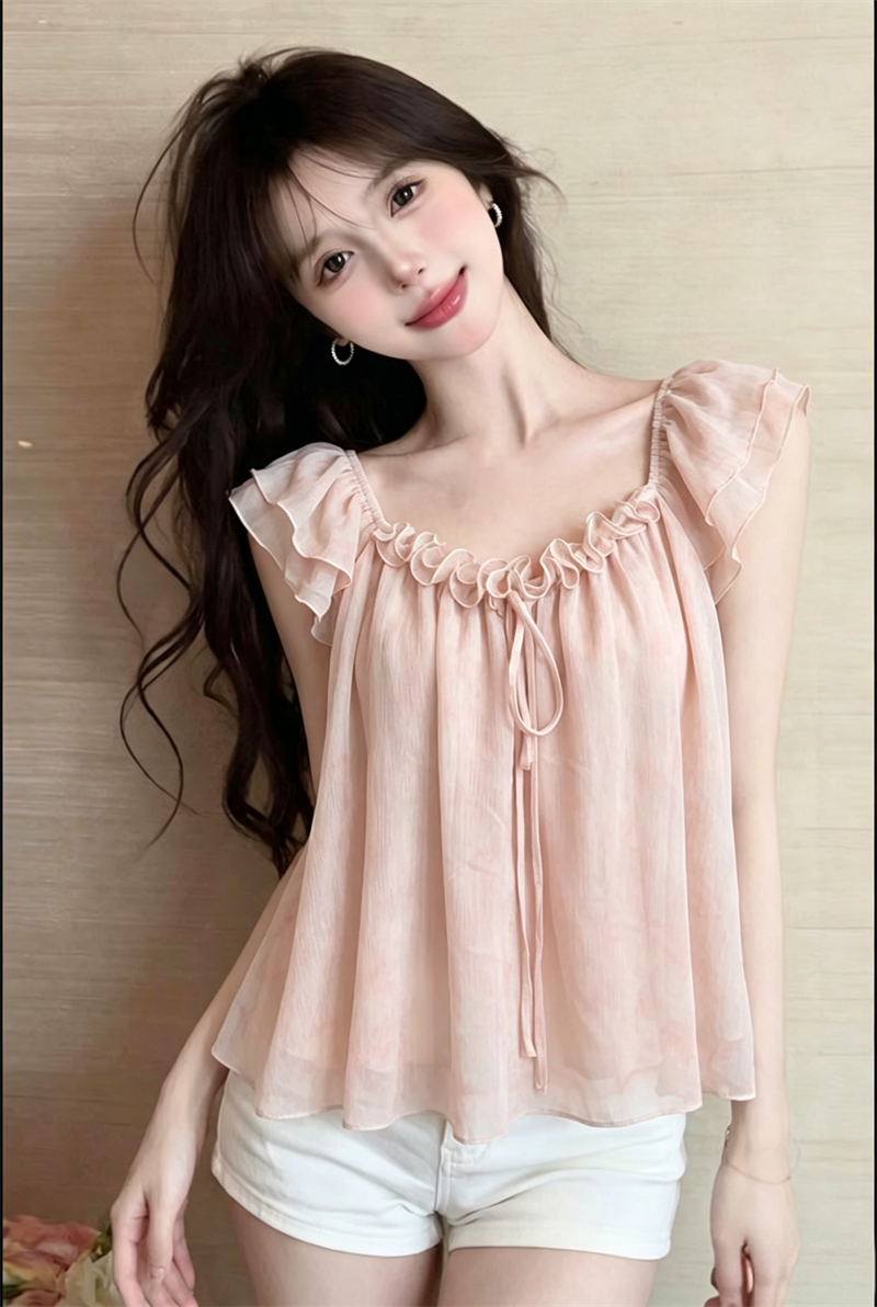 RY4842# 实价实拍~小飞袖立体花朵小衫女夏季法式飞飞袖显瘦百搭套头小...