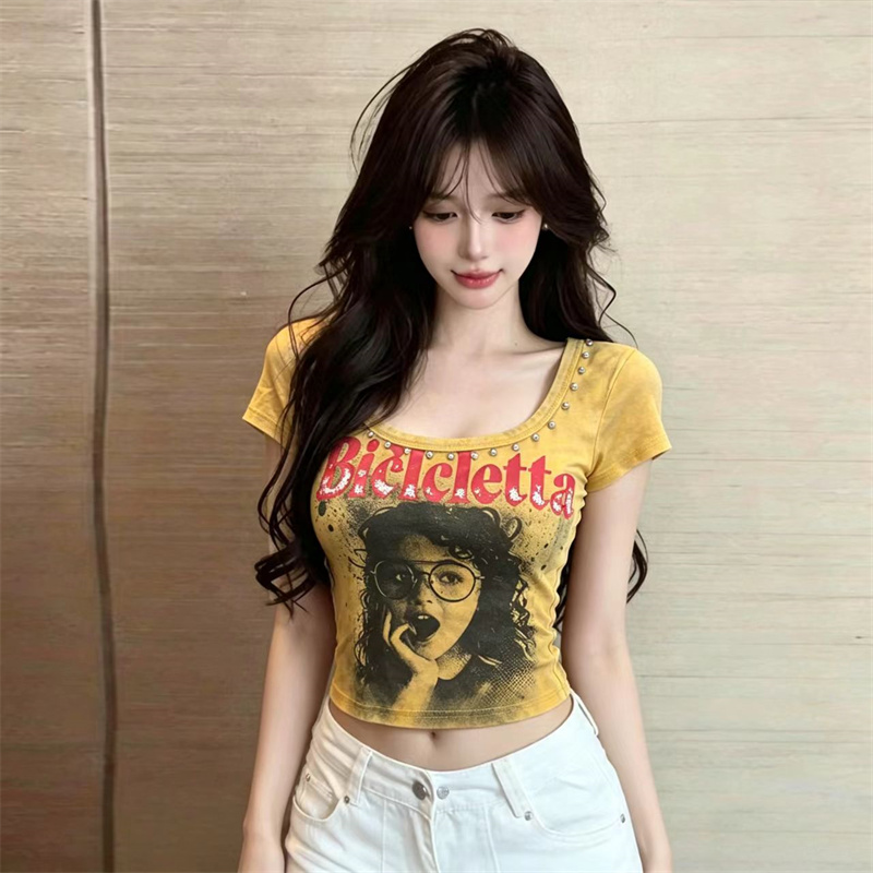 RY4838# 实价实拍~重工辣妹方领铆钉扎染印花短袖T恤夏季新款个性修身...