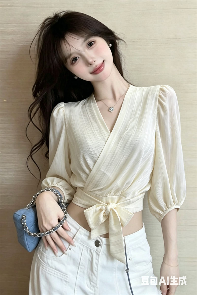 RY4839# 实价实拍~设计感衬衫女新款气质V领交叉系带上衣短款薄款雪纺...