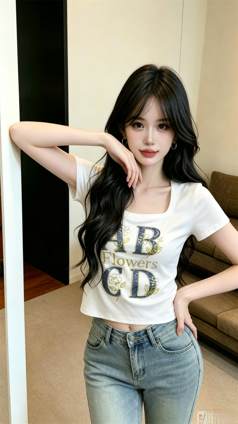 RY4836# 实价实拍~美式辣妹U领设计感收腰烫钻字母洋气小个子短款t恤...