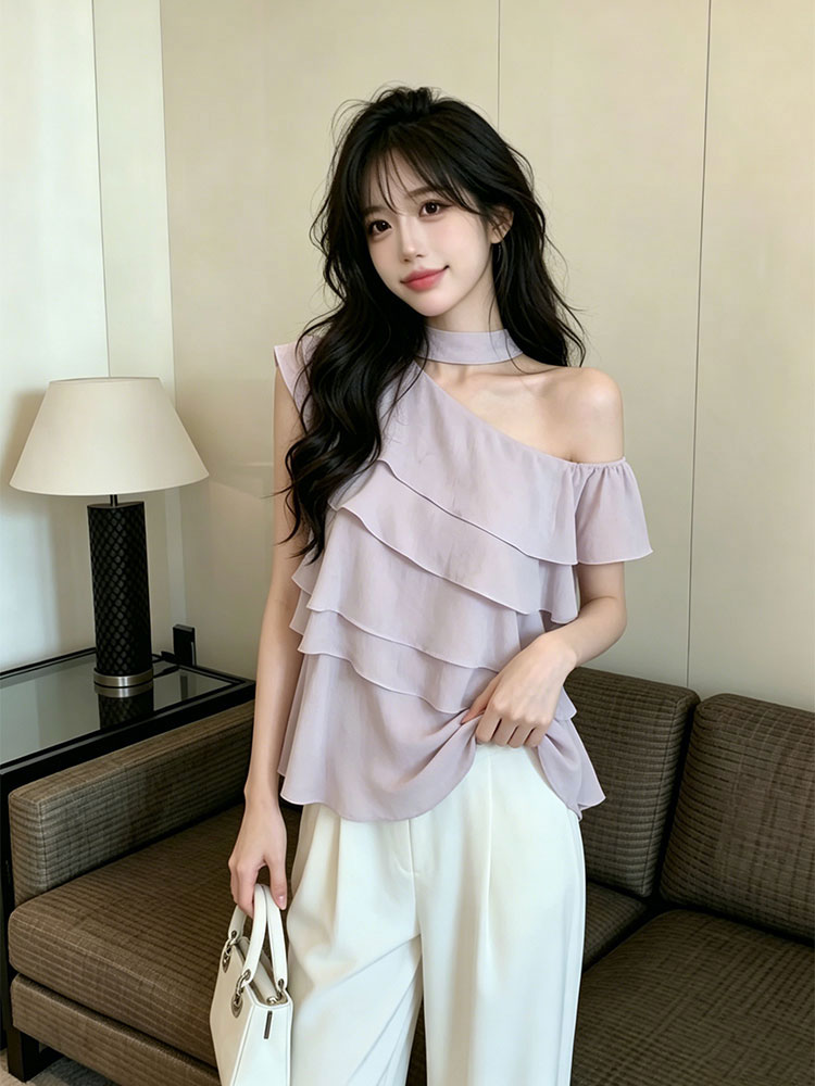 정가 실사 불규칙 비스듬한 어깨 리본 다중 레이어 프릴 쉬폰 블라우스 2026 여름 몸매 가꾸기 슬림해 보이는 맨위
