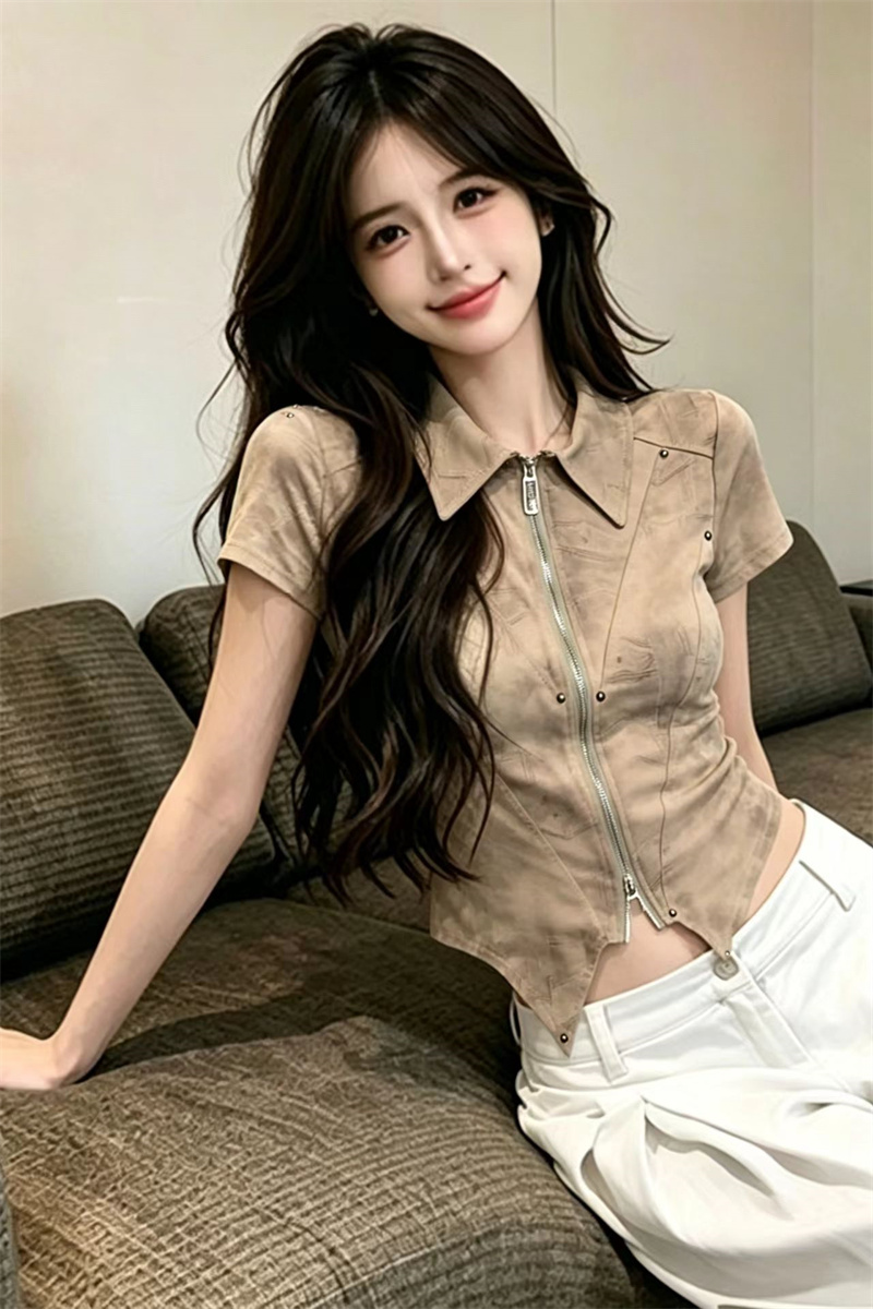정가 실사 불규칙 레트로 홀치기 염색 핫걸 POLO 칼라 허리 수축 작은 키 니트 반팔 티셔츠 여성 셔츠