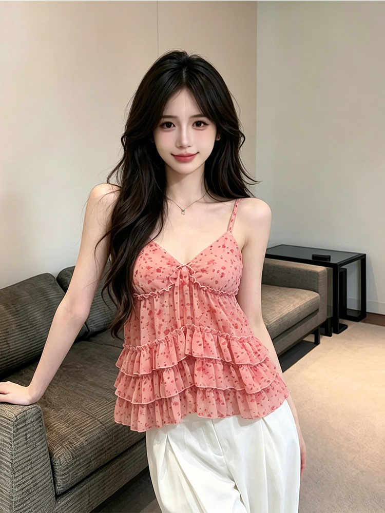 정가 실사 프랑스식 핑크색 도트 무늬 프릴 캐미솔 여름 외출용 디자인 핫걸 유 맨위