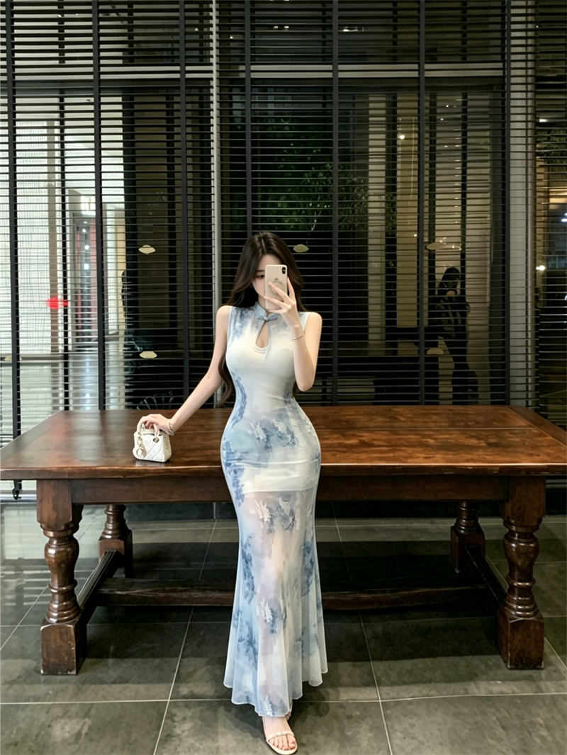 정가 실사 새로운 중식 드레스 명문 여성 품격 국풍 개선 치파오 섹시함 허리 수축 망사 타이트 스커트