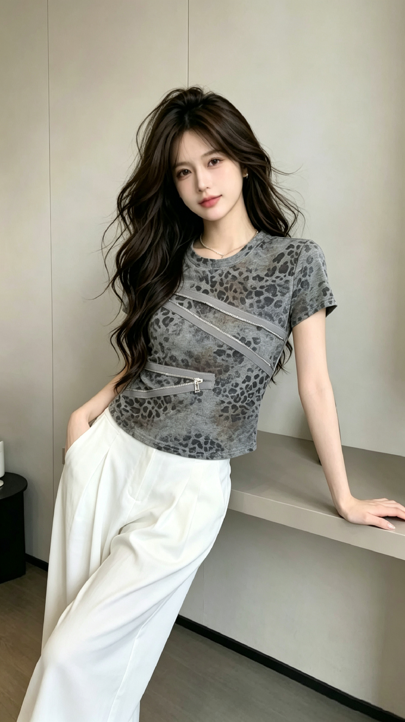정가 실사 레트로 레오파드 무늬 핫걸 바람 작은 대중 디자인 센스 라운드 넥 다용도 허리 수축 슬림해 보이는 반팔 티셔츠